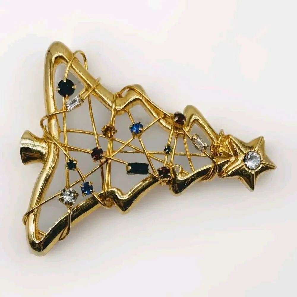 Gold Tone Christmas Tree Multicolor Rhinestone Twisted Wire Brooch Pin